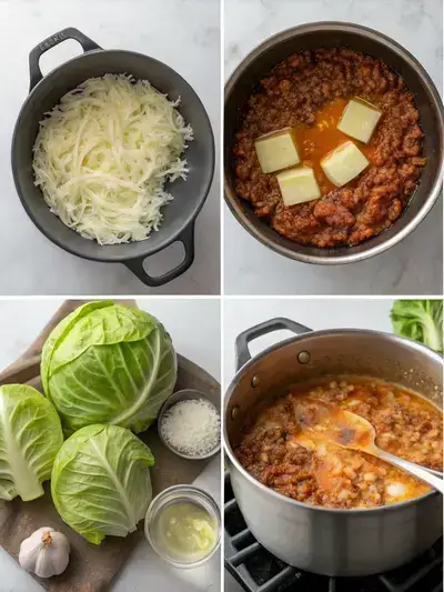 Step-by-step preparation of Cabbage Roll Casserole, showcasing ingredients and cooking processes in a cozy kitchen setting.