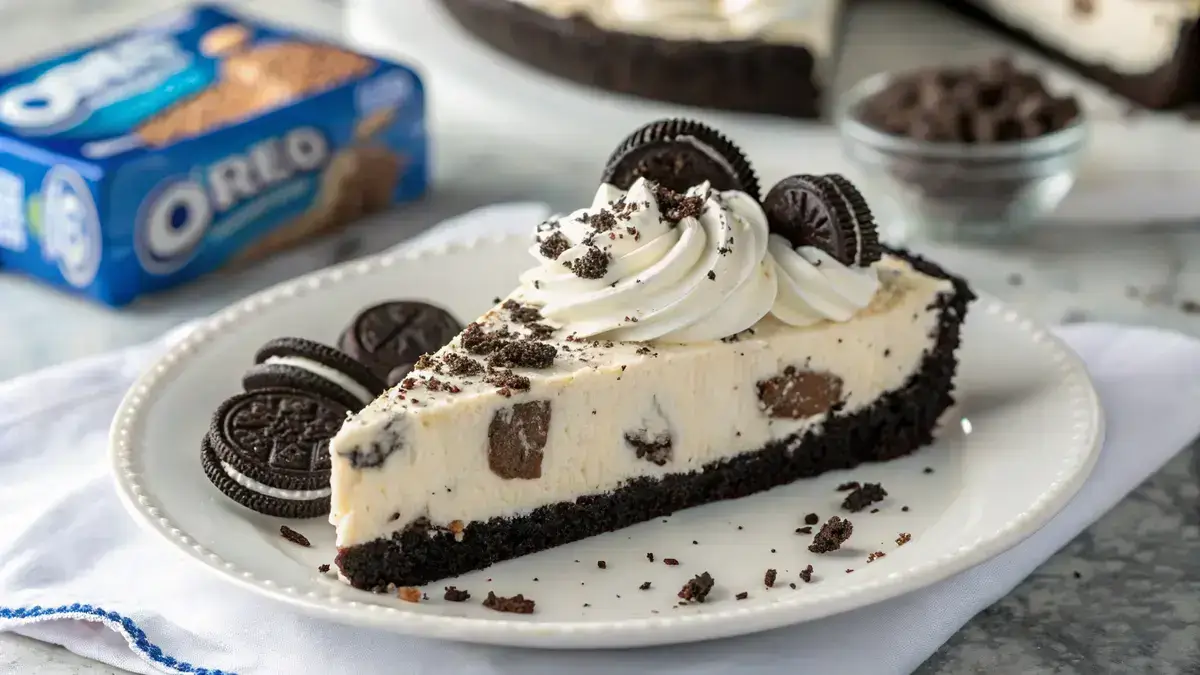 Slice of no-bake Oreo cream pie
