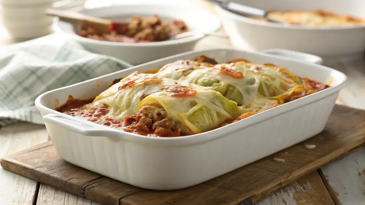 Close-up of a bubbling cabbage roll casserole topped with melted mozzarella cheese in a white ceramic dish, with a spatula serving a scoop into a bowl.