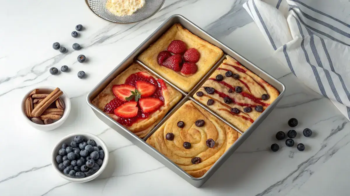Overhead view of a 9x13 sheet pan filled with golden-brown pancakes, divided into four sections with different toppings including strawberry jam, chocolate chips, blueberries, and cinnamon sugar.