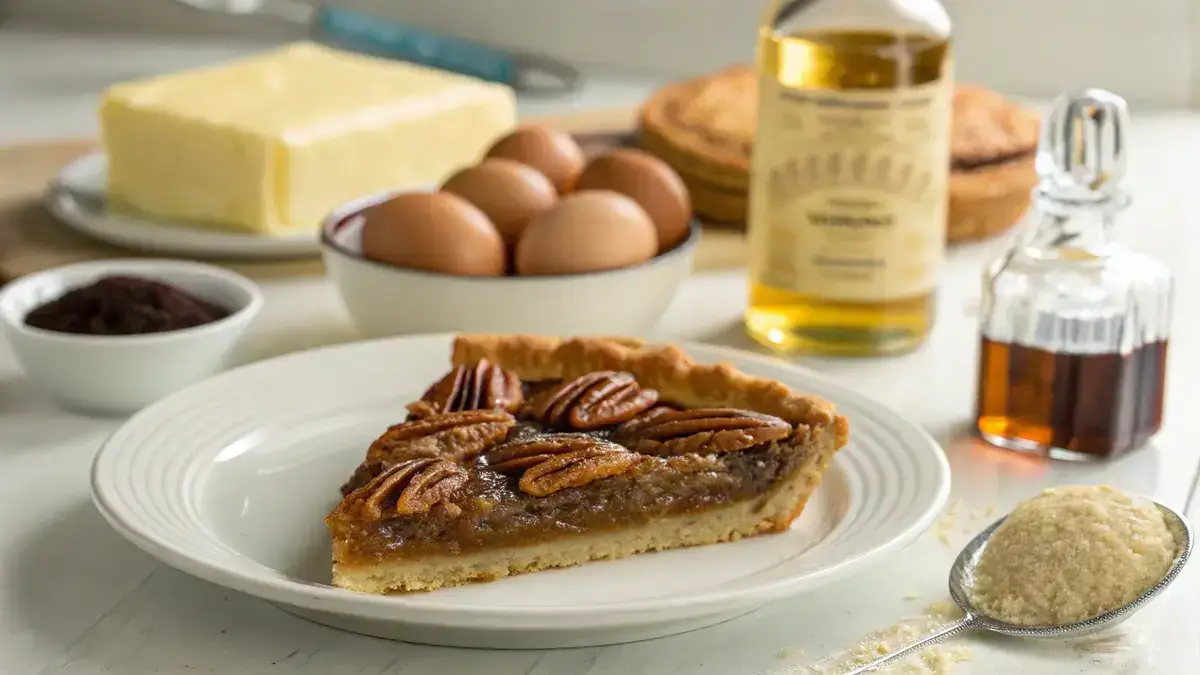 Close-up of a slice of pecan pie on a white plate with glossy pecan halves, surrounded by blurred baking ingredients.