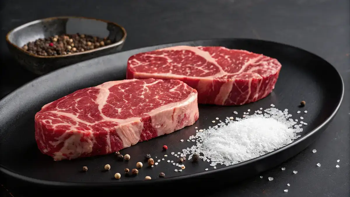 Two thick, marbled steak cuts on a black plate, showcasing vivid red meat and white fat veins, with coarse salt and black peppercorns.