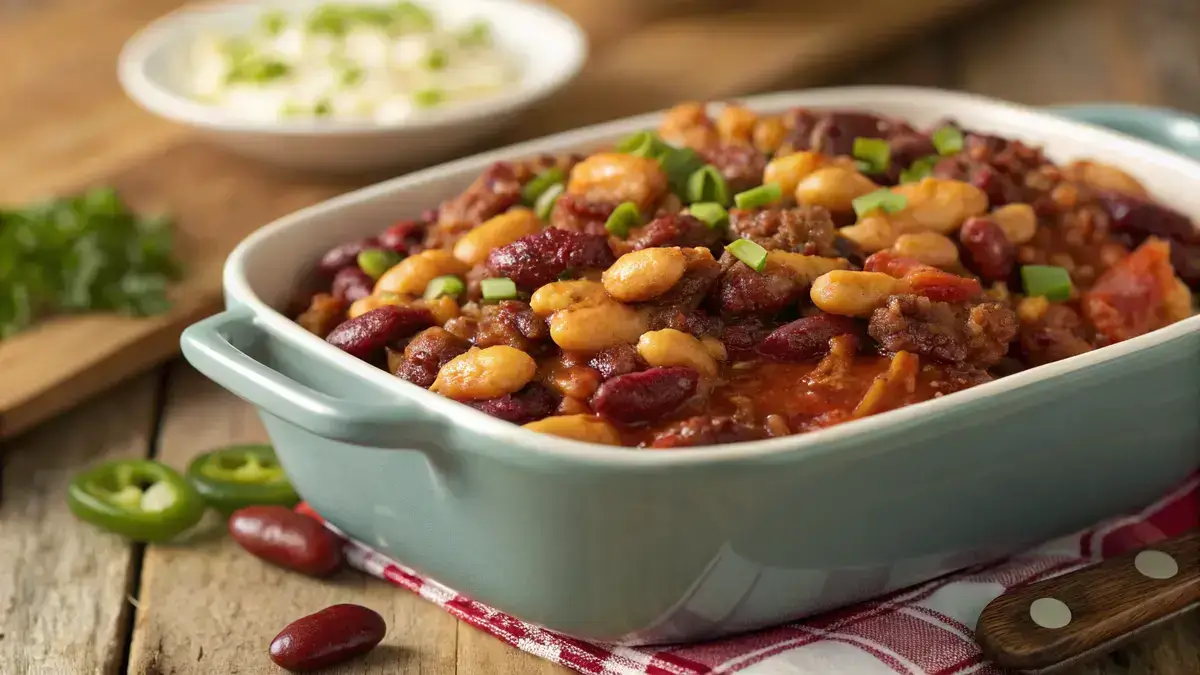 Close-up of a casserole dish filled with calico beans, featuring a mix of butter beans, kidney beans, and baked beans in a rich sauce, garnished with green onions.