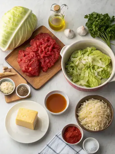 An assortment of fresh ingredients for Cabbage Roll Casserole arranged on a kitchen table, featuring vegetables, spices, and meats.