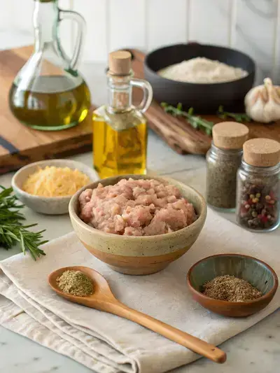 Key components for Chicken Breakfast Sausage presented on a kitchen table, including ground chicken, maple syrup, various spices, and olive oil.