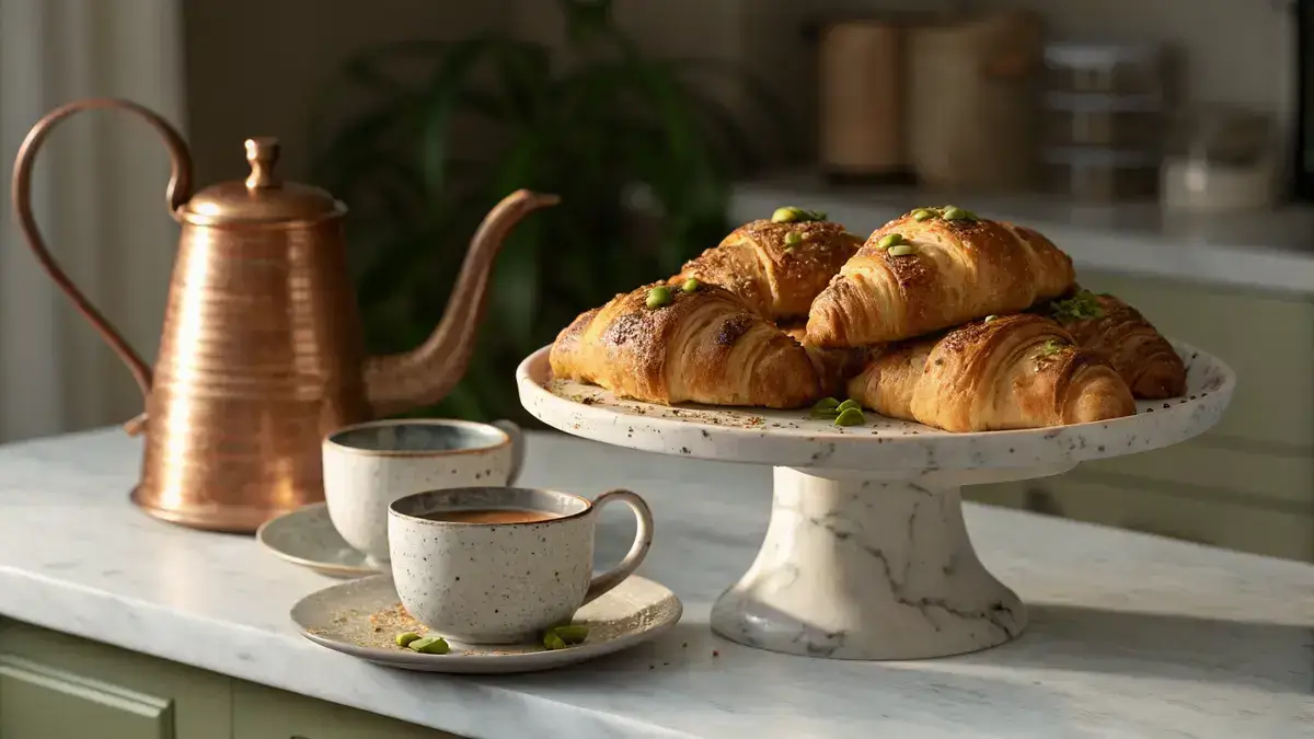 A two-tier ceramic stand displaying golden-brown Gipfeli croissants sprinkled with pistachio crumbs, with a vintage copper teapot and rustic coffee cups in the background.