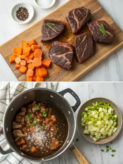 Step-by-step preparation of beef cheek meat, including seasoning, searing, and sautéing vegetables.