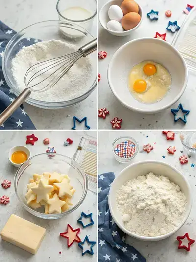 Four-step process of making 4th of July sugar cookies, including whisking dry ingredients, creaming butter and sugar, adding eggs and vanilla, and cutting dough into shapes.