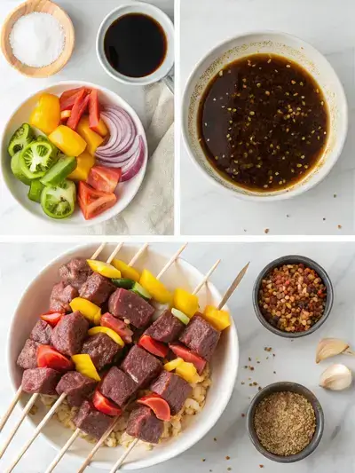 Step-by-step visual guide for preparing Beef Kabobs, including marinade preparation, marinating steak, preparing vegetables, and threading skewers.