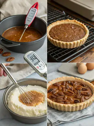 Four-step process of making pecan pie, including preheating the oven, preparing the pie crust, melting butter with sugars, and assembling the pie with pecans and filling.