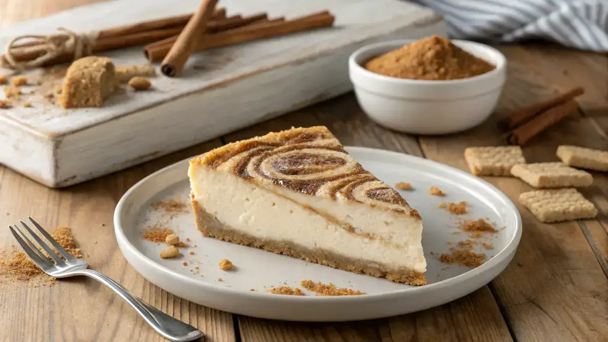 A close-up of a slice of golden-brown flan topped with diced strawberries and drizzled with sweetened condensed milk on a white plate, featuring churro cheesecake.