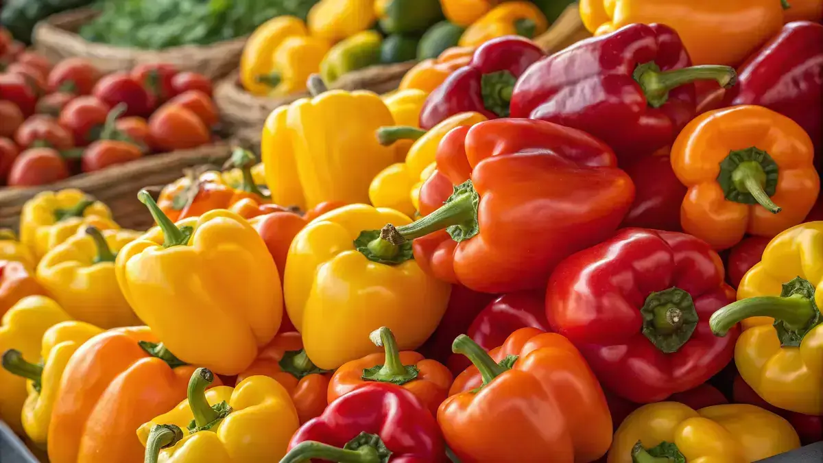 A close-up of a vibrant assortment of sweet peppers in yellow, red, and orange, showcasing their glossy textures and fresh green stems.