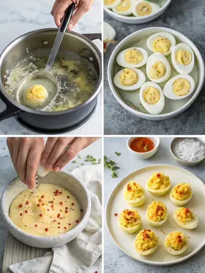 Four-part image illustrating the process of crafting Devilled Eggs, including boiling eggs, cooling them, preparing the filling, and stuffing the egg whites.