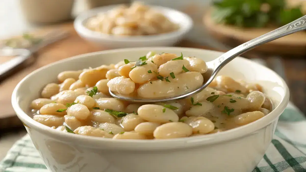 Close-up of a bowl of creamy cooked white beans with a silver spoon, set against a warm, blurred kitchen background.