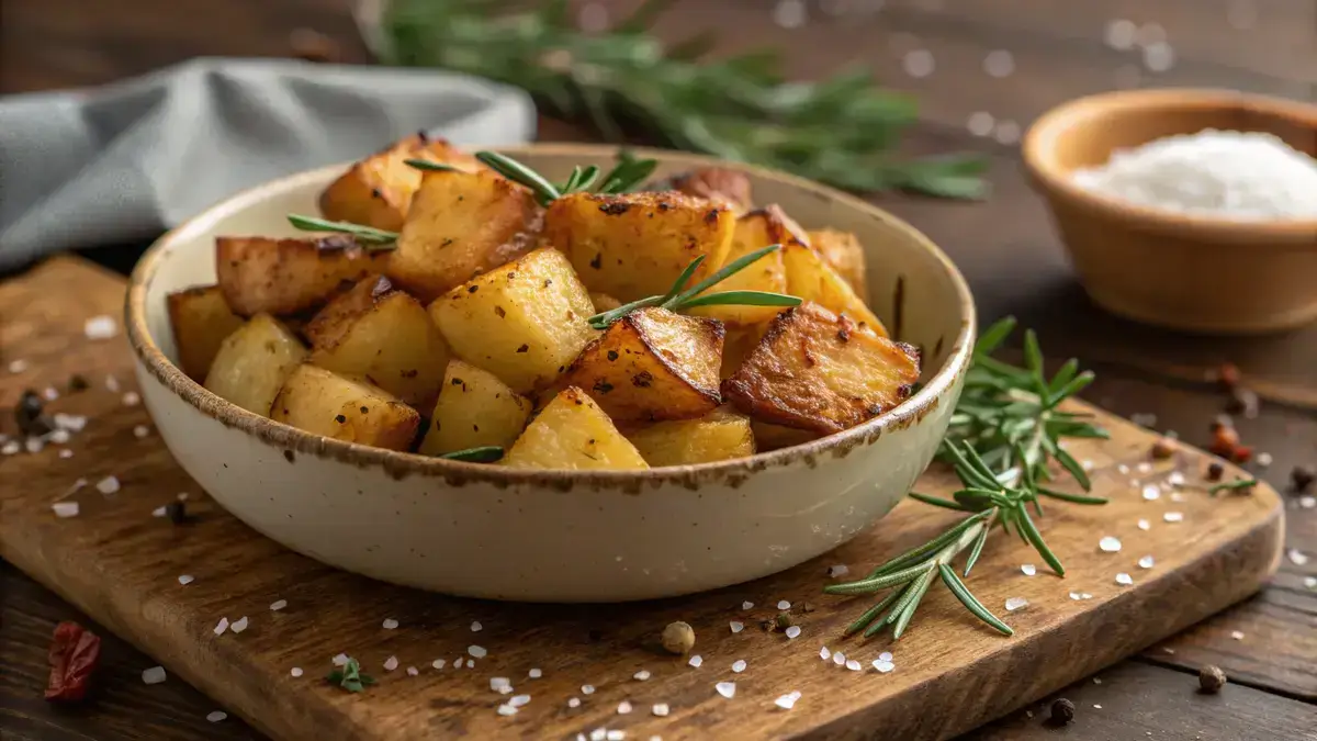 Golden roasted diced potatoes with fresh rosemary on a wooden table.