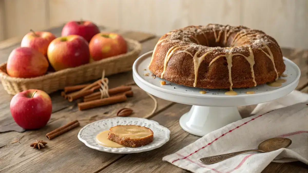 A delicious APPLE CIDER DOUGHNUT CAKE topped with cinnamon-sugar and melted butter, surrounded by fresh apples.