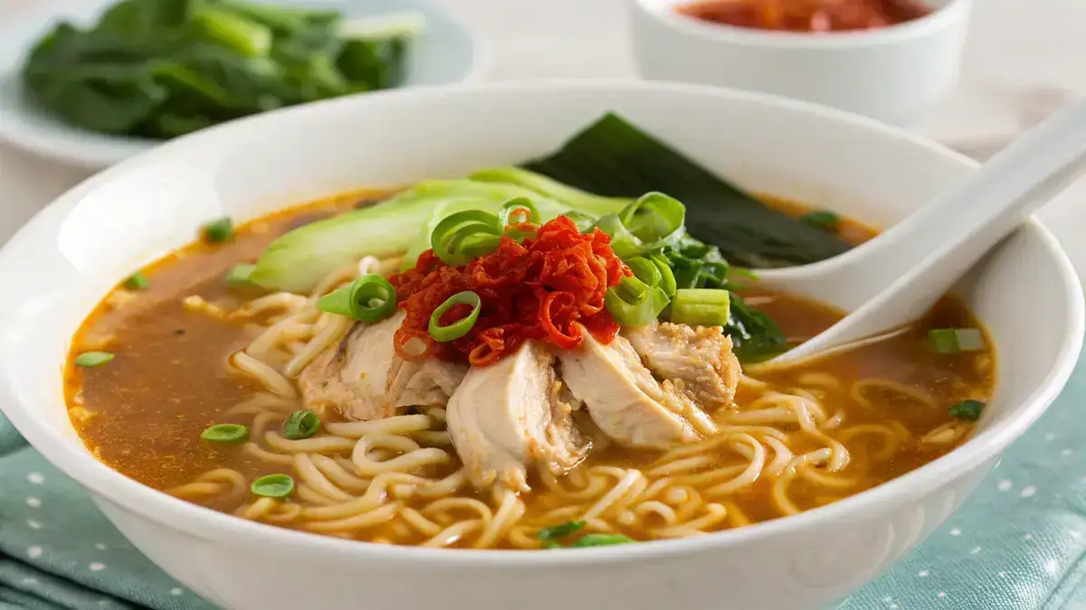 Close-up of a bowl of ramen soup with curly noodles, chicken, bok choy, and chili paste, set in a cozy kitchen environment.