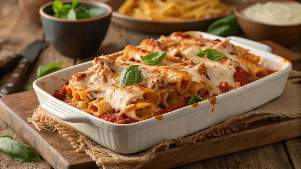 Chicken baked ziti with melted cheese and herbs