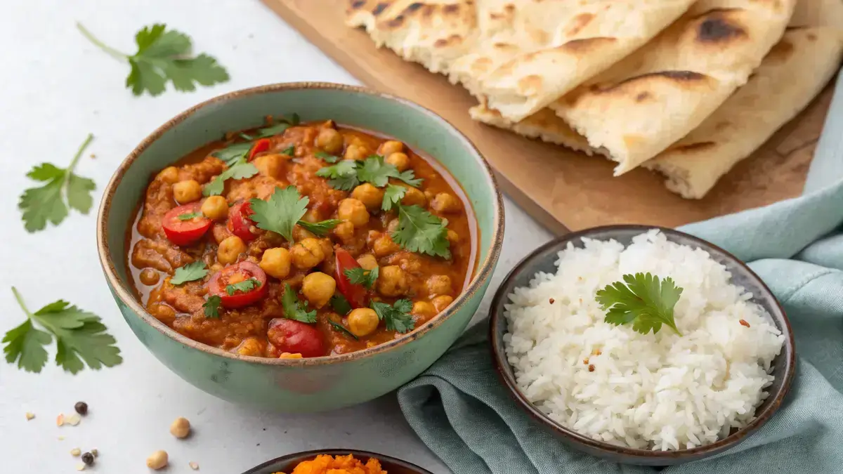 Bowl of chickpea curry garnished with cilantro, served with rice and flatbread.