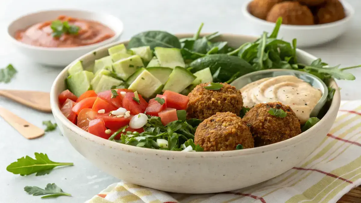 A colorful Falafel Bowl with crispy falafel, fresh vegetables, and tahini sauce.