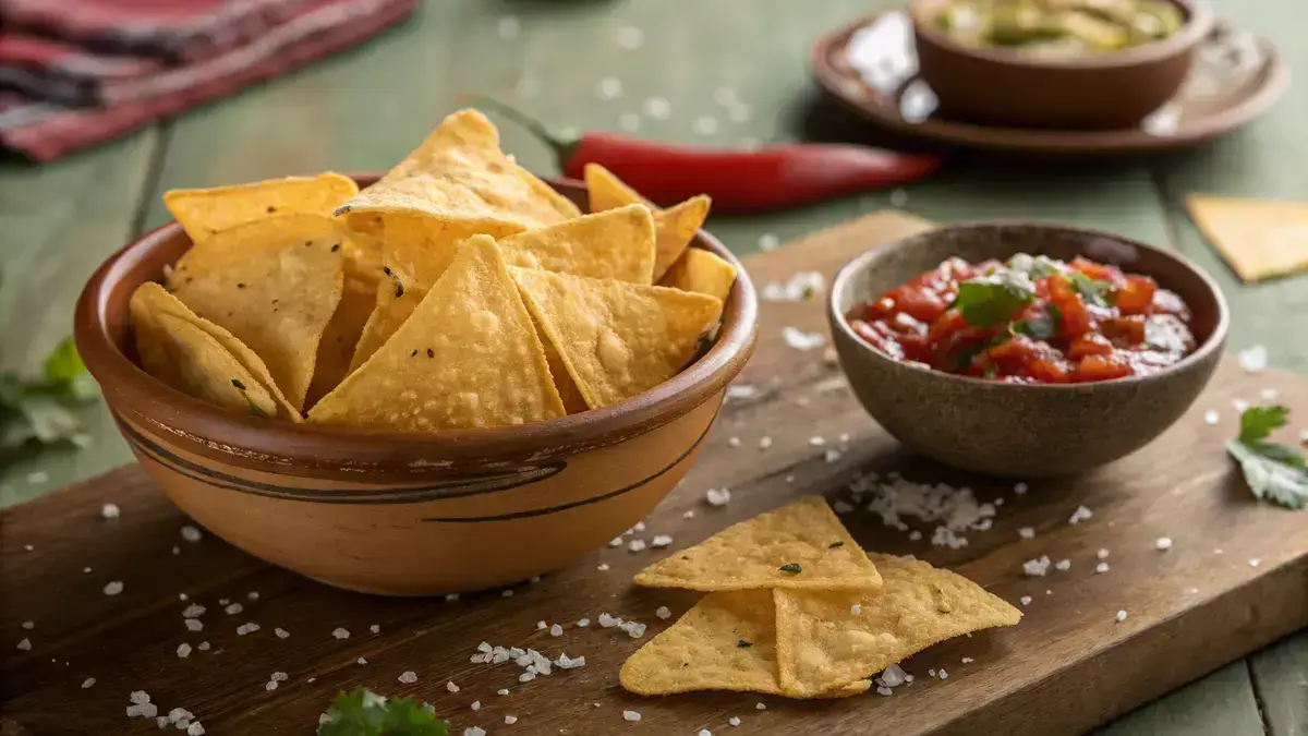 A bowl of golden Tortilla Chips with a sprinkle of salt and a side of salsa.