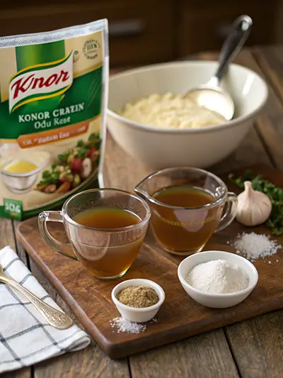 Two cups of Knorr gravy with flour, spices, garlic, and noodles on a wooden board - Knorr Gravy Recipe