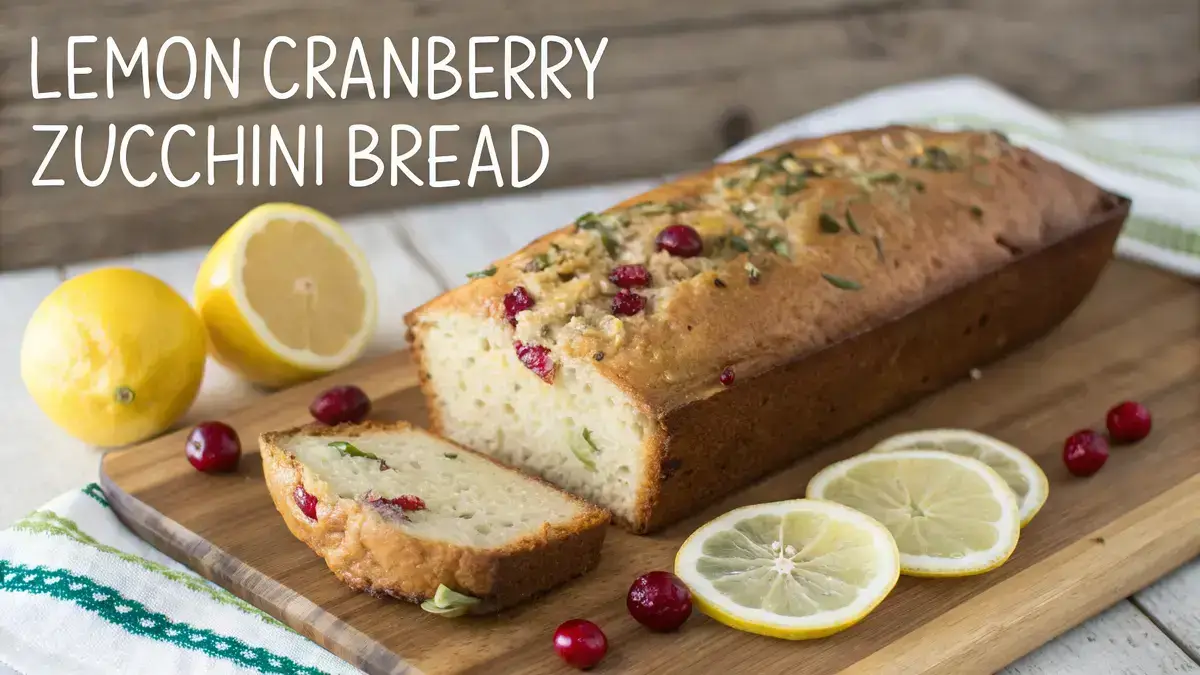 Freshly baked LEMON CRANBERRY ZUCCHINI BREAD with a slice cut out, displaying its moist texture and colorful ingredients.