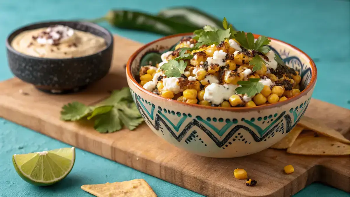 Close-up of a vibrant Mexican Street Corn Dip with charred corn, creamy sauce, cilantro, and cheese, served with tortilla chips on a wooden board.