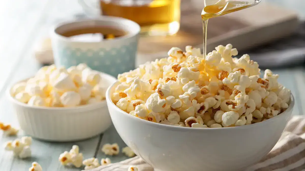 Close-up of fluffy popcorn in a white bowl with melted butter being poured over it, creating a warm and inviting atmosphere.