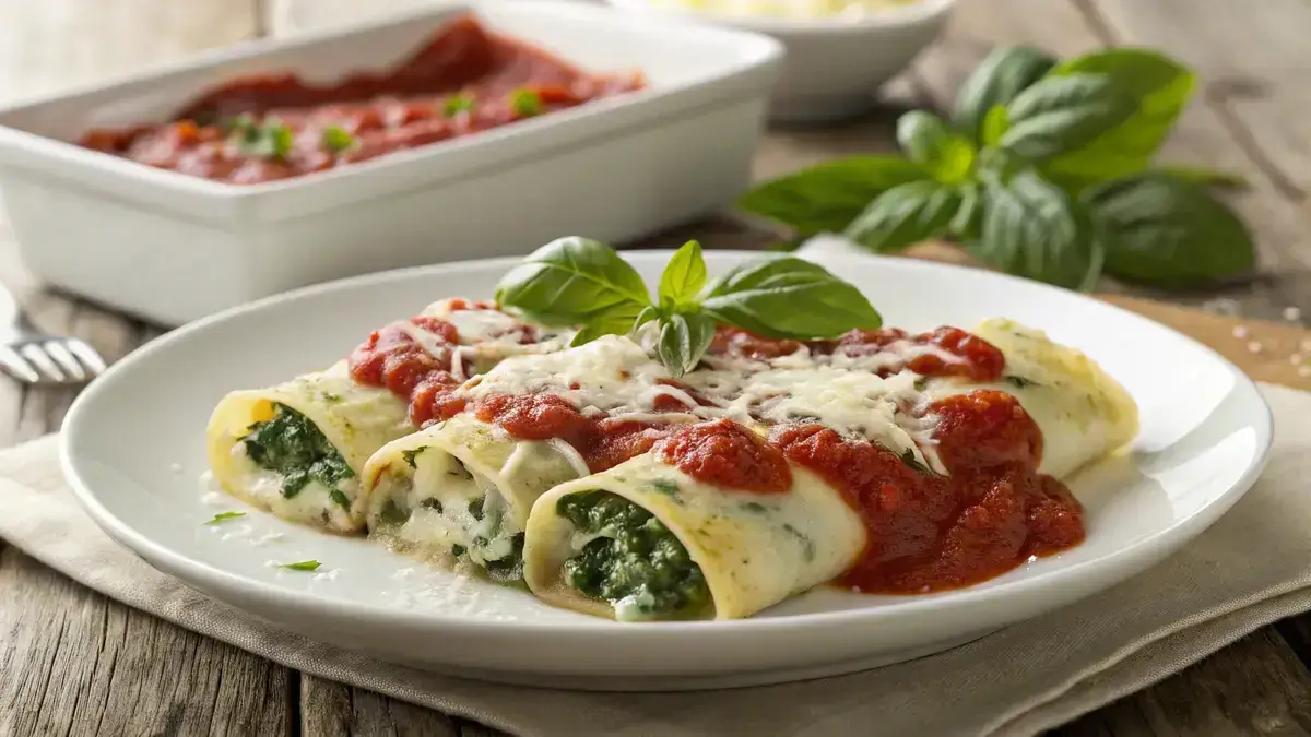 A close-up of spinach and ricotta cannelloni pasta topped with melted cheese and marinara sauce, garnished with fresh basil on a white plate.