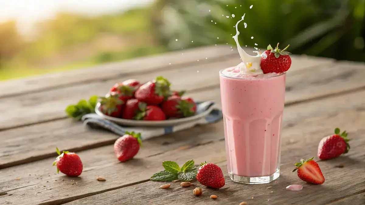 A glass of strawberry milk with fresh strawberries on a wooden table.