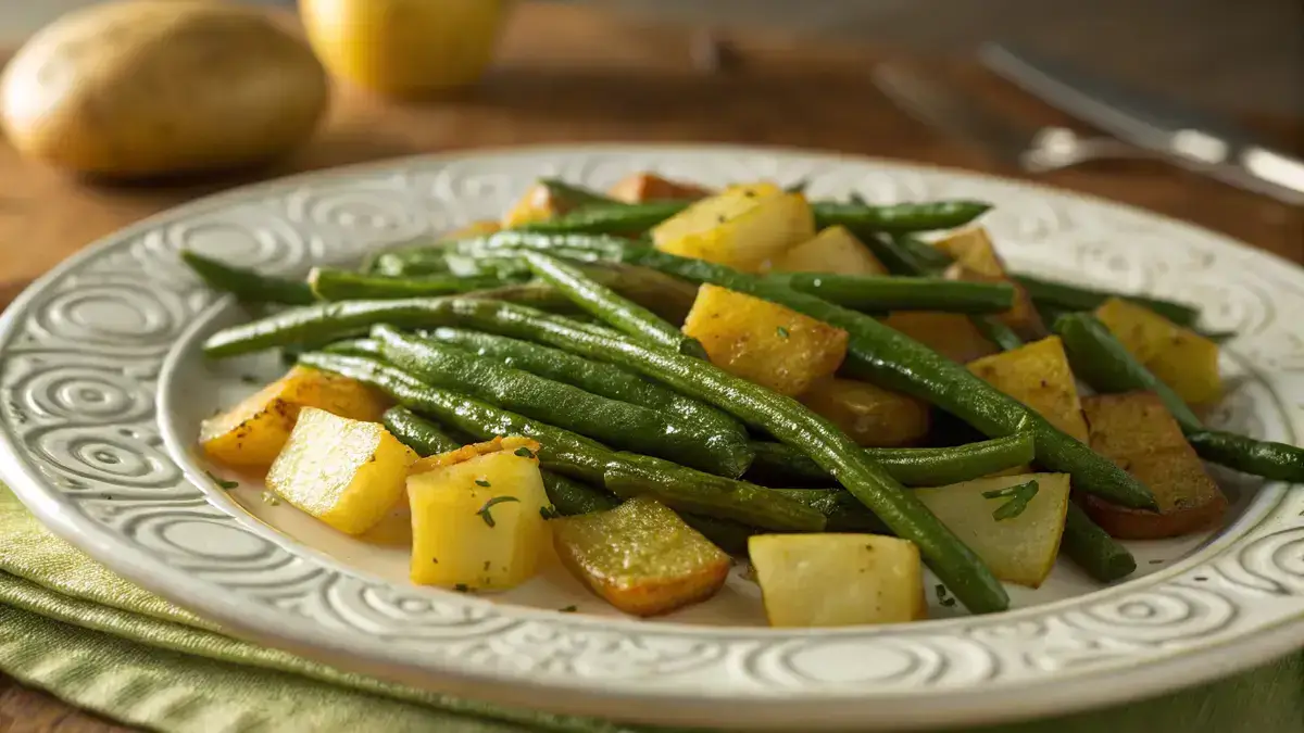A close-up view of roasted green beans and diced yellow potatoes arranged on a decorative white plate, showcasing vibrant colors and textures.
