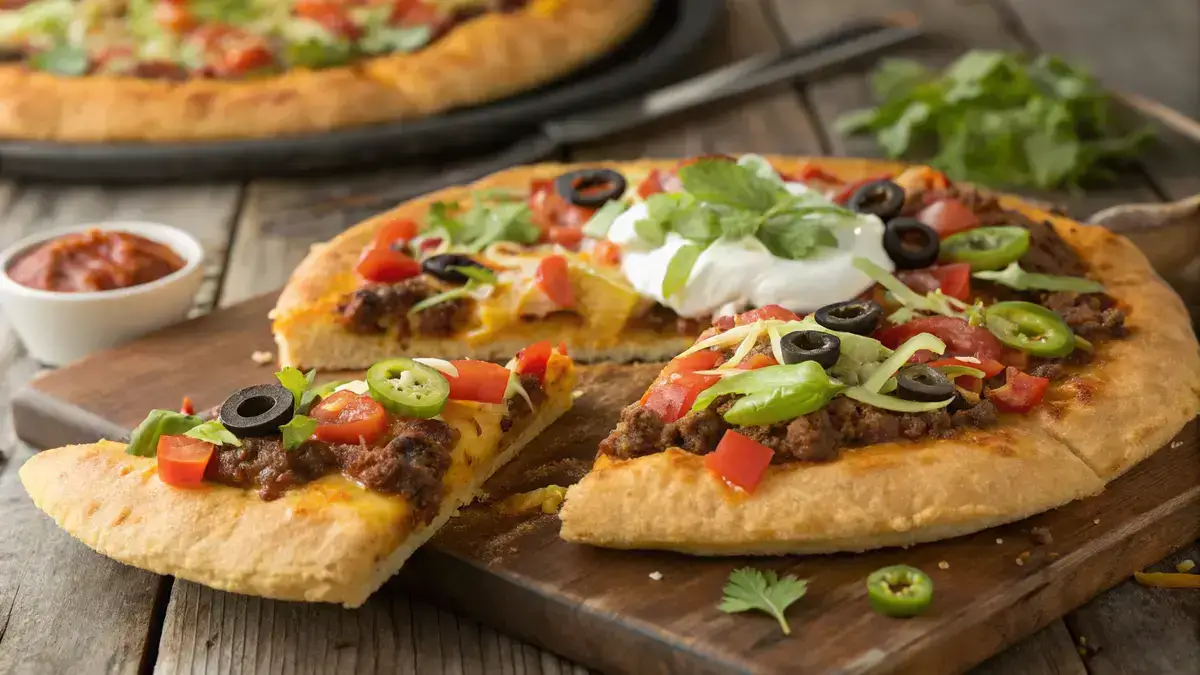A freshly baked TACO PIZZA topped with salsa, ground beef, cheese, and fresh vegetables.