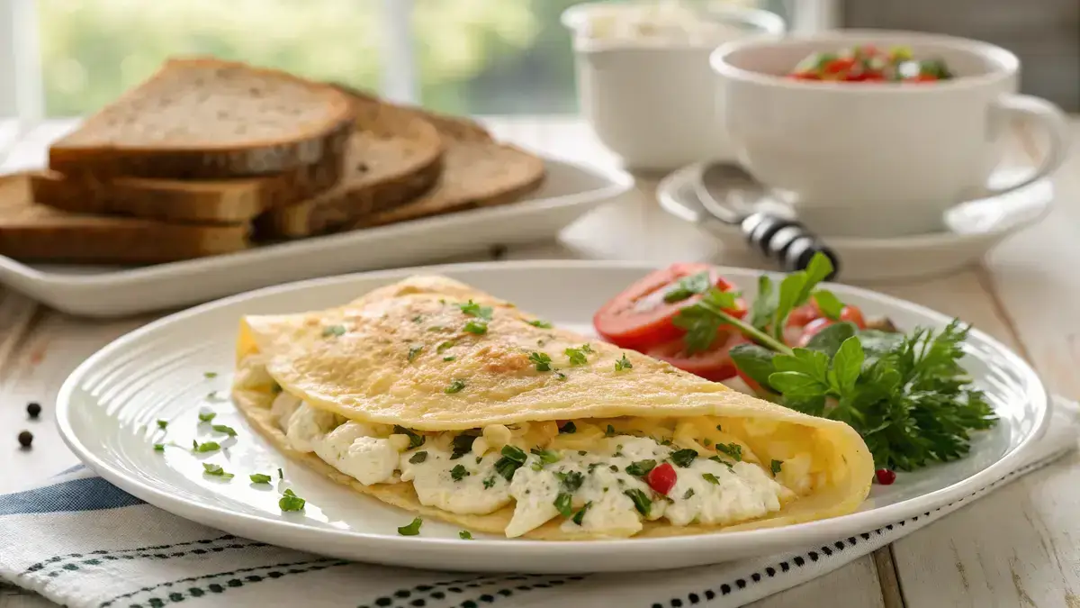 A fluffy omelette featuring crumbled feta cheese, garnished with fresh herbs, presented on a white plate, perfect for Feta and Egg Recipes.