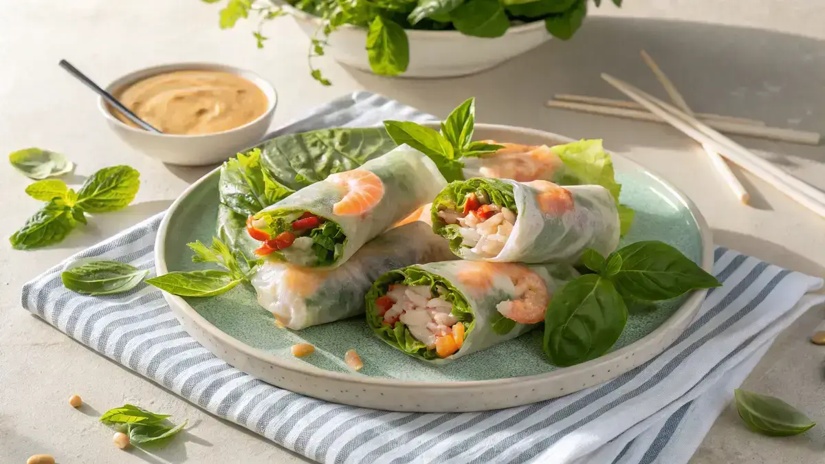 A plate of shrimp spring rolls filled with lettuce and basil, accompanied by peanut sauce and fresh vegetables.