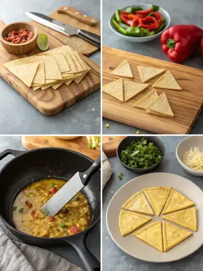 Step-by-step process of making Tortilla Chips, including slicing tortillas, heating oil, frying chips, and seasoning them.