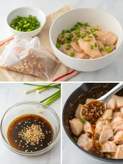 Step-by-step process of making asian chicken marinade, including whisking ingredients, adding green onions, marinating chicken, and cooking.
