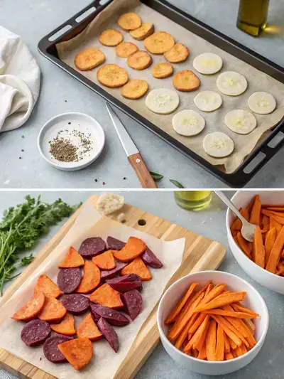 Step-by-step process of making veggie chips, including preheating the oven, slicing vegetables, seasoning, and arranging on baking sheets.