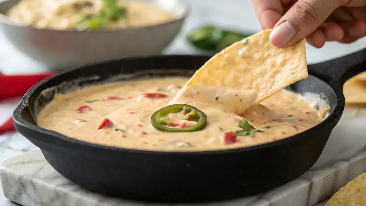 A hand dipping a tortilla chip into creamy chipotle queso in a dark cast-iron skillet, with jalapeño and red pepper specks visible.