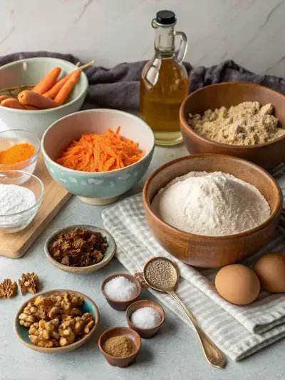 Ingredients for carrot bundt cake displayed on a kitchen table, including flour, sugar, spices, and grated carrots.