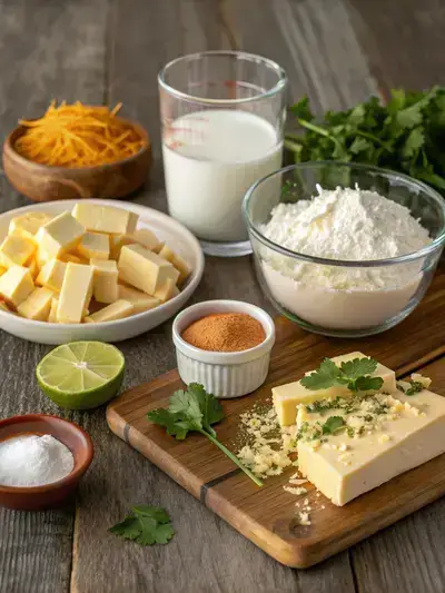 A variety of ingredients for chipotle queso displayed on a rustic wooden kitchen table, including butter, flour, milk, cream cheese, cheeses, chipotle, spices, lime juice, and cilantro.