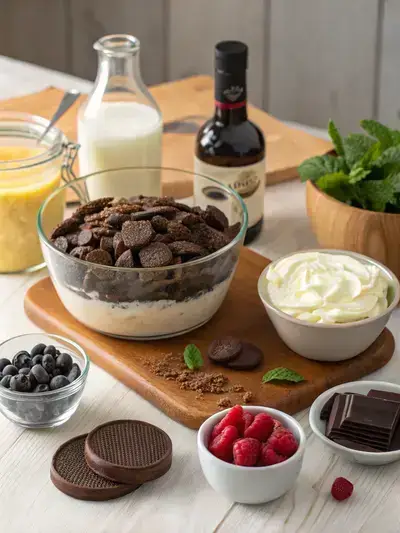 Ingredients for Chocolate Cheesecake Trifle displayed on a kitchen table, including crushed cookies, cream cheese, chocolate pudding, and fresh berries.