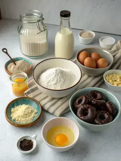 Ingredients for chocolate glazed donuts arranged on a kitchen table, including flour, sugar, eggs, and chocolate chips.