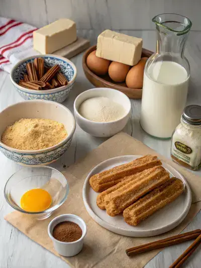 A kitchen table filled with ingredients for churro cheesecake, including graham cracker crumbs, cream cheese, sugar, eggs, and spices, arranged aesthetically.