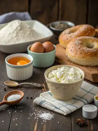 Ingredients for cottage cheese bagels displayed on a kitchen table.