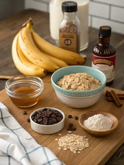 Ingredients for Breakfast Cookies displayed on a kitchen table, including bananas, oats, peanut butter, honey, chocolate chips, vanilla extract, cinnamon, and salt.