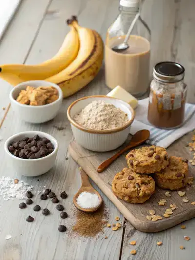 Ingredients for protein cookies displayed on a kitchen table, including oats, protein powder, banana, peanut butter, honey, baking powder, vanilla extract, salt, and chocolate chips.