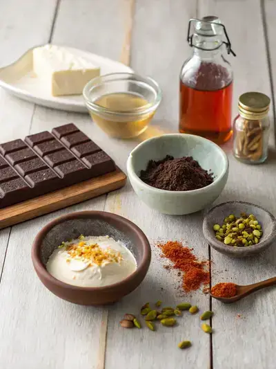 A visually appealing arrangement of ingredients for Dubai chocolate on a wooden kitchen table, featuring dark chocolate, cream, honey, spices, and nuts.