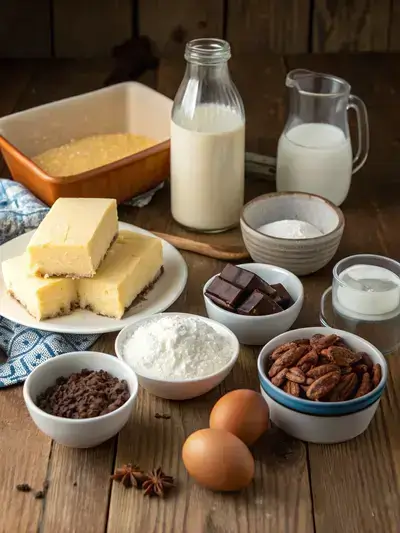 Ingredients for Earthquake Cake displayed on a kitchen table, including cake mix, butter, cream cheese, and chocolate chips.