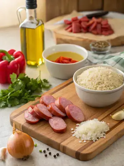 A kitchen table displaying ingredients for kielbasa and rice, including sliced kielbasa, rice, chicken broth, vegetables, and spices.
